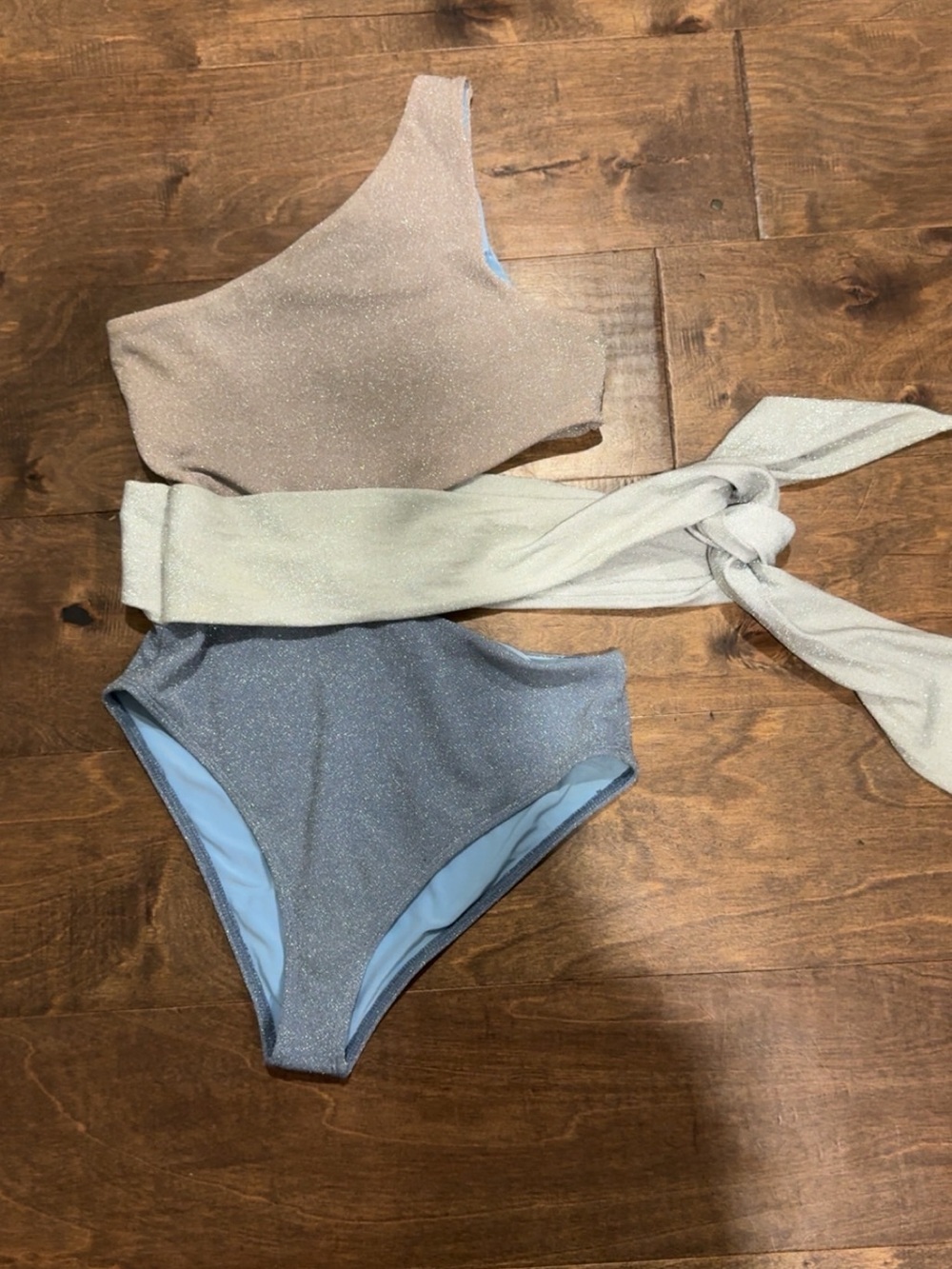 Beach Riot Shimmery Beige One-Shoulder Top with Silver High-Waist Bottoms